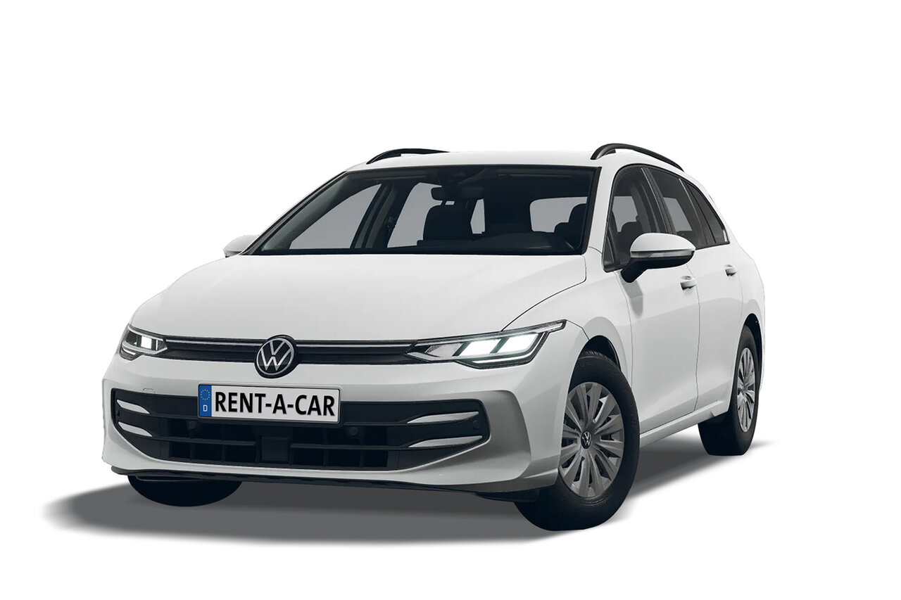 Weißer VW Golf Variant steht schräg seitlich vor weißem Hintergrund
