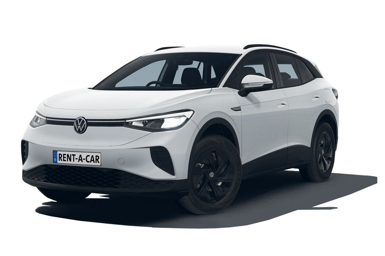 Weißer VW ID.4 steht schräg seitlich vor weißem Hintergrund