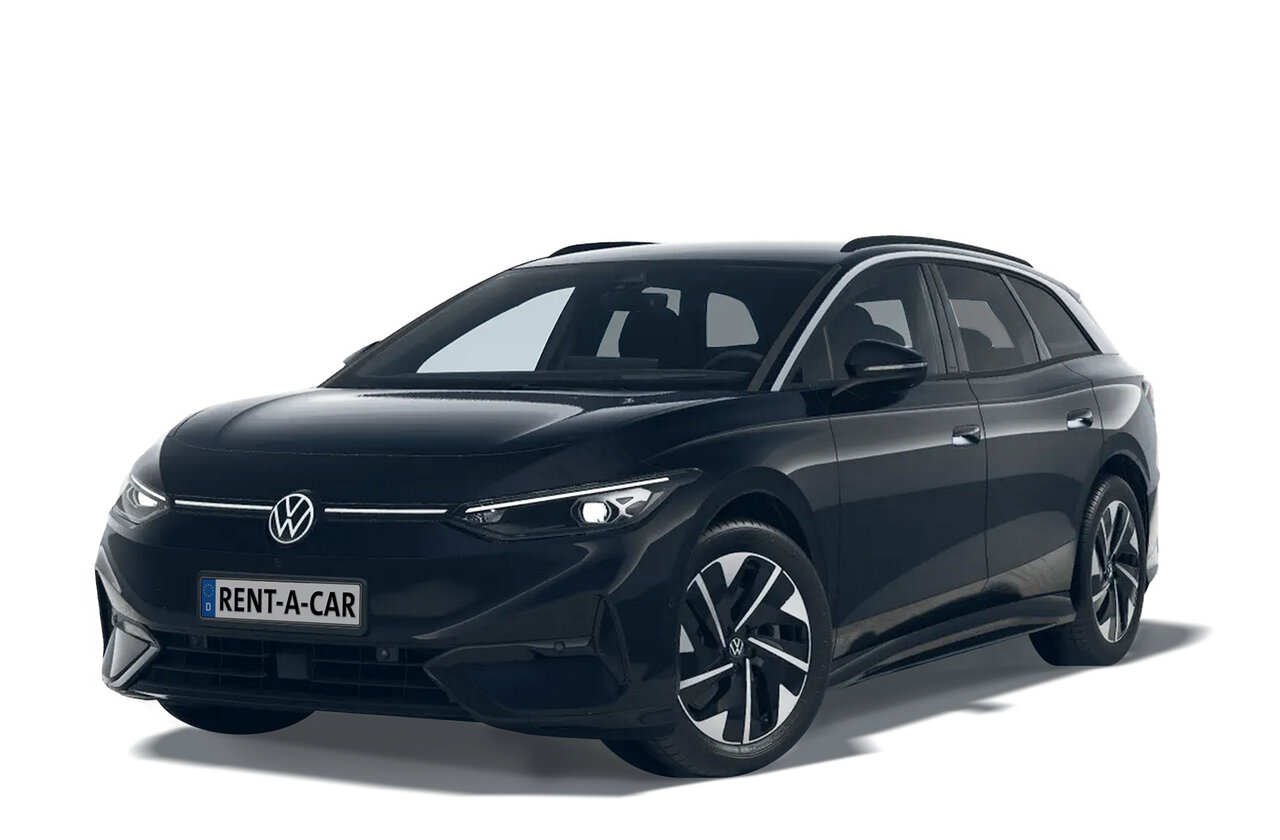 Schwarzer VW ID.7 Tourer steht schräg seitlich vor weißem Hintegrund