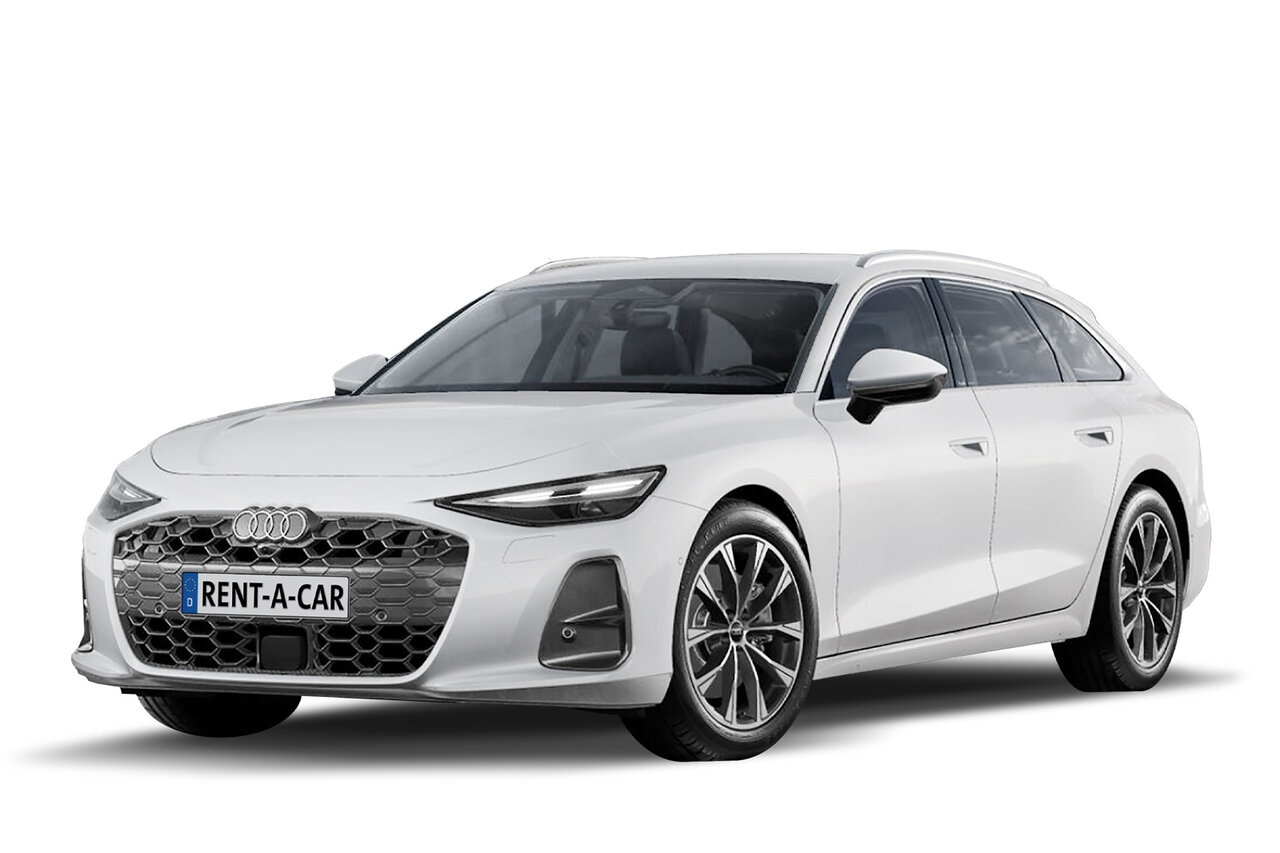Weißer Audi A6 Avant steht schräg seitlich vor weißem Hintergrund