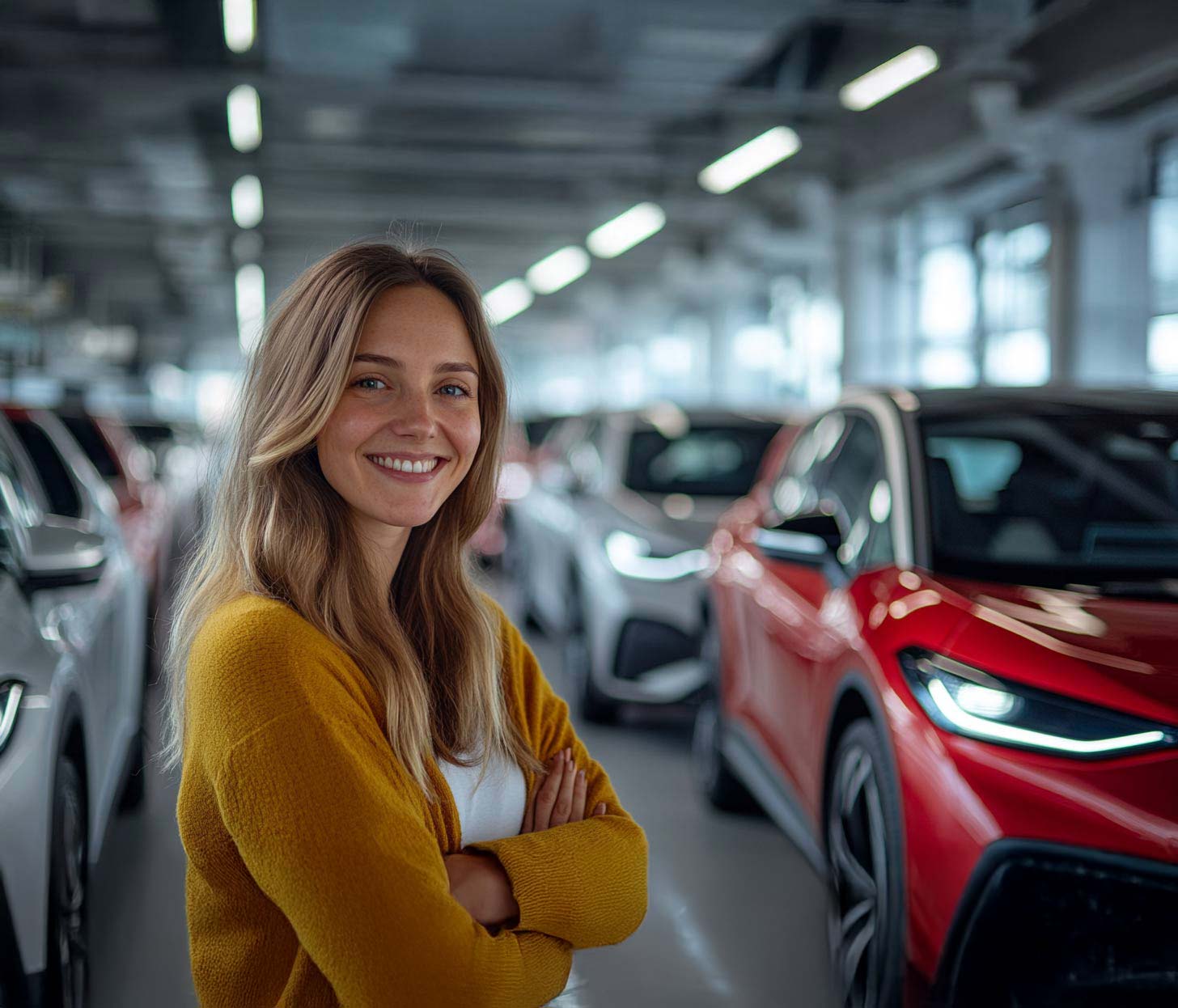 In die Kamera lächelnde Person steht mit verschränkten Armen vor Autos